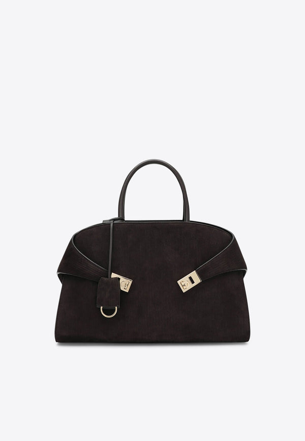 Ferragamo Large Hug Soft Suede Top Handle Bag Dark Brown 0785776LE/R_FERRA-TM