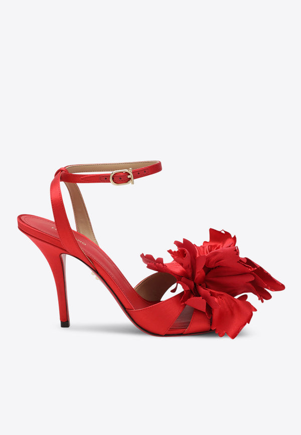 Ferragamo Ghilly 95 Flower Applique Satin Sandals Red 07875971CSI/R_FERRA-FR