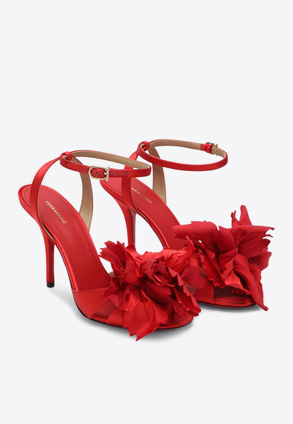 Ferragamo Ghilly 95 Flower Applique Satin Sandals Red 07875971CSI/R_FERRA-FR