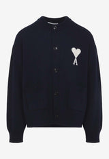 AMI PARIS Wool-Blend Cardigan with Logo-Inlay Navy