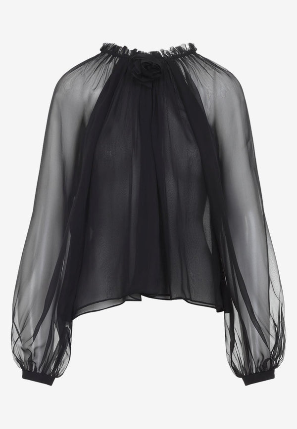 Floral-Applique Sheer Blouse