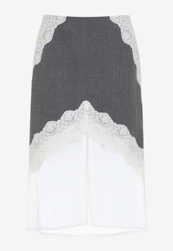 Lace-Inserted Midi Skirt in Wool