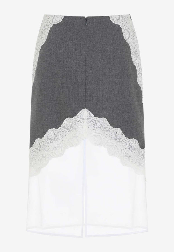 Lace-Inserted Midi Skirt in Wool