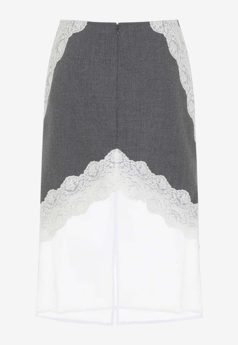 Lace-Inserted Midi Skirt in Wool