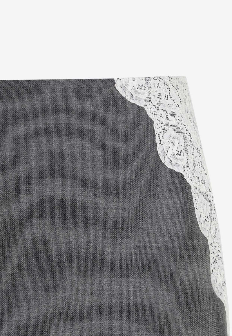 Lace-Inserted Midi Skirt in Wool