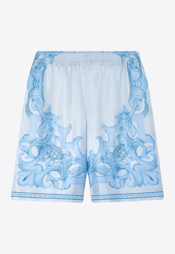 Versace Architectural Baroque Print Silk Shorts Light Blue 1002476 1A14713 5E630