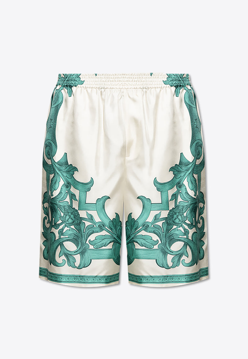 Versace Architectural Baroque Print Silk Shorts Green 1002476 1A14713 5K600