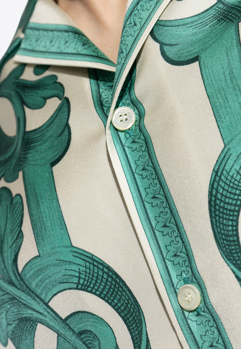 Versace Architectural Baroque Short-Sleeved Silk Shirt Green 1003926 1A14713 5K600