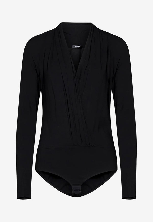 Versace Draped V-neck Stretch Bodysuit Black 1005321 1A00523 1B000
