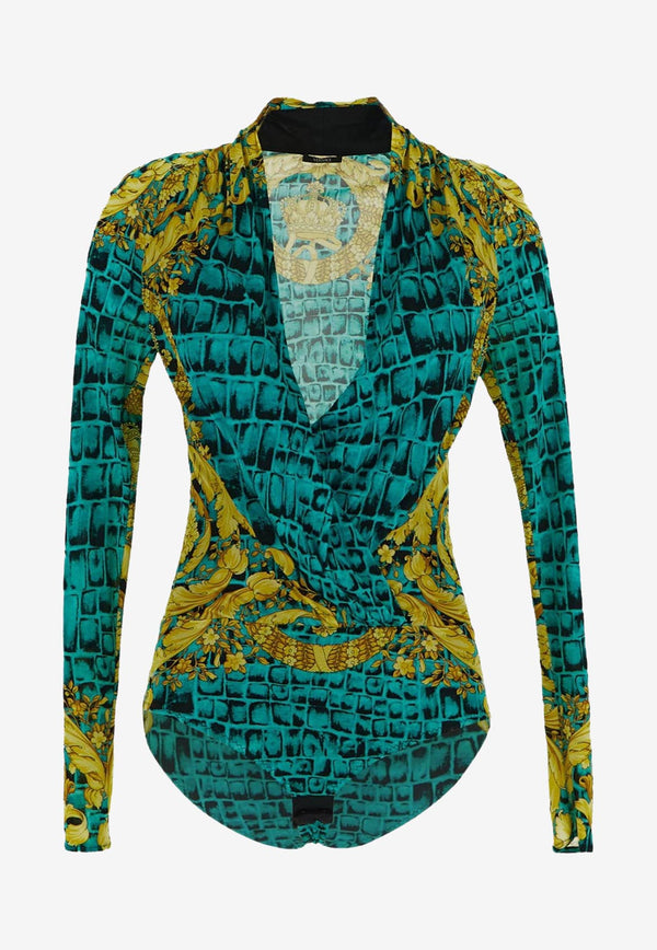 Versace Baroccodile Print Draped Bodysuit Multicolor 1005321 1A08942 5X340