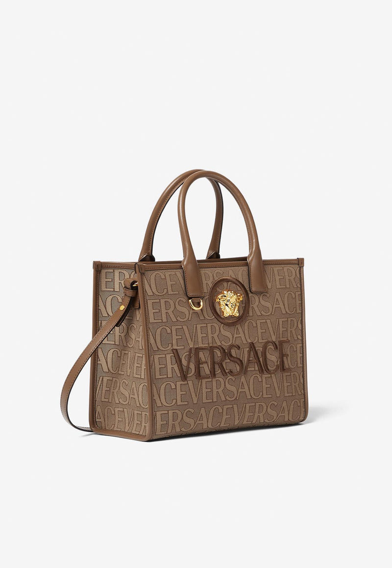 Versace Small All-Over Logo Tote Bag Brown 1005861 1A08199 2N24V