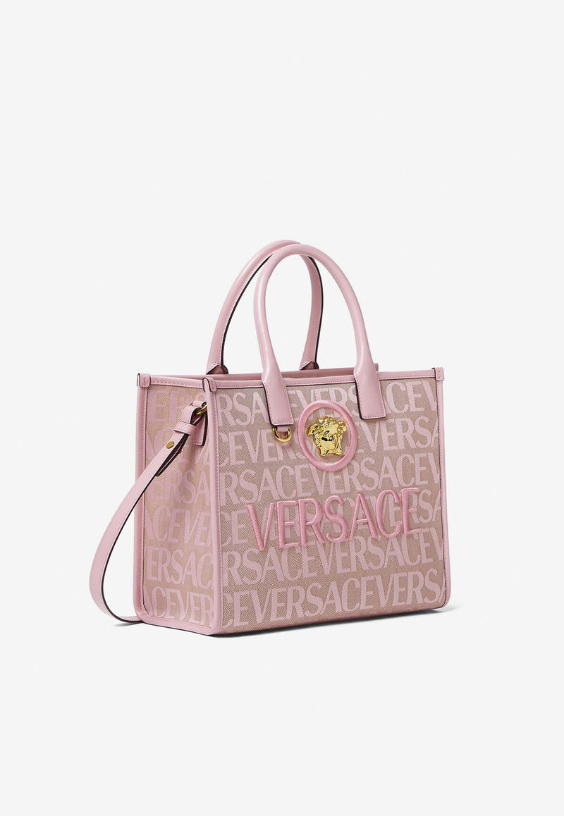Versace Small All-Over Logo Tote Bag Pink 1005861 1A08199 2N77V
