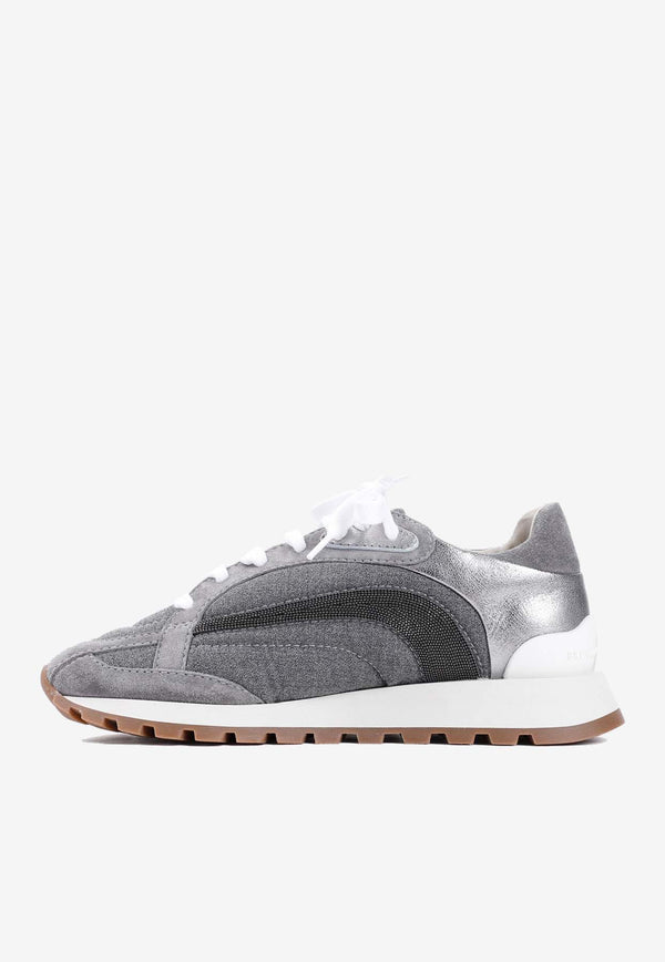 Paneled Low-Top Sneakers in Wool and Leather