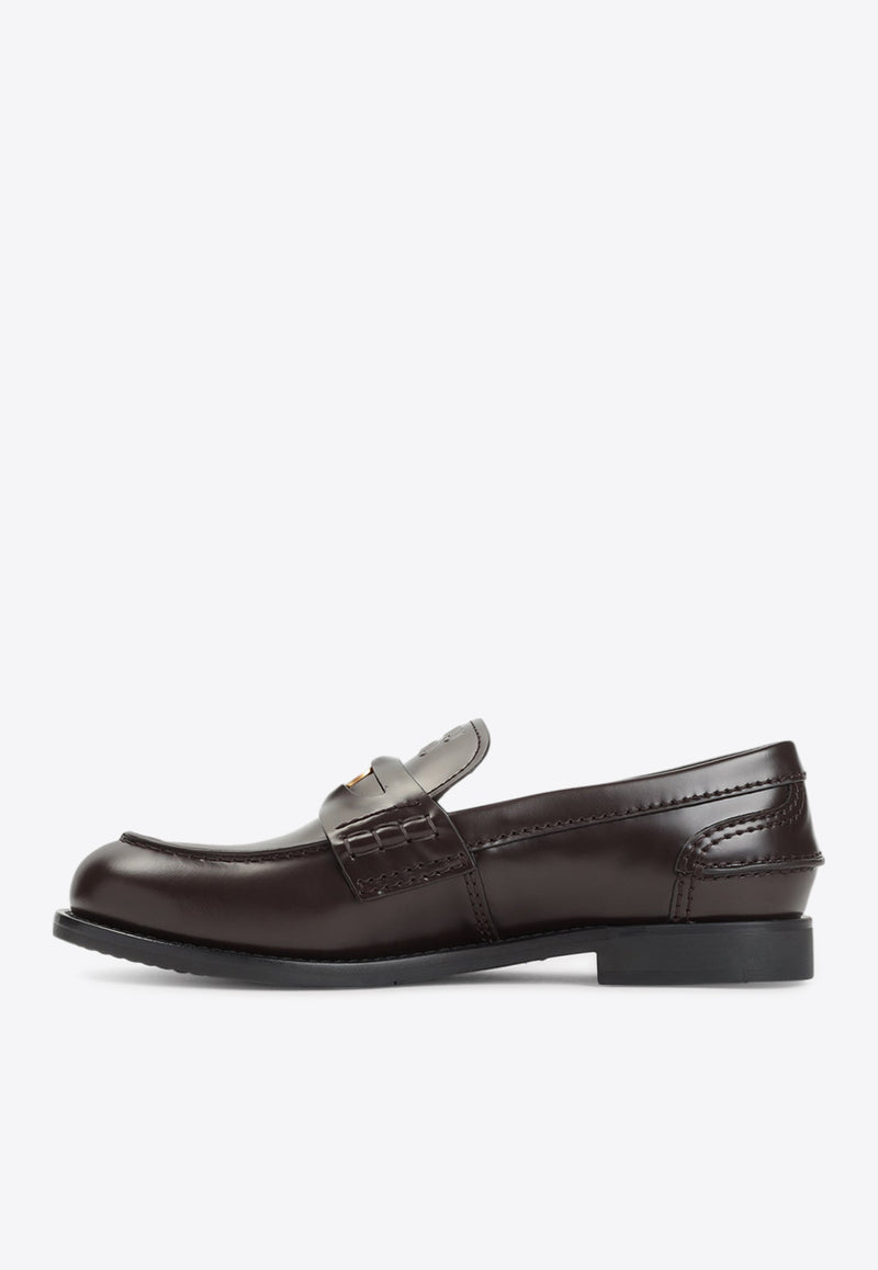 Embossed Logo Penny Loafers in Brushed Leather
