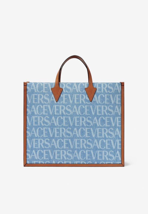 Versace All-Over Logo Denim Tote Bag Blue 1008913 1A07899 5U87V