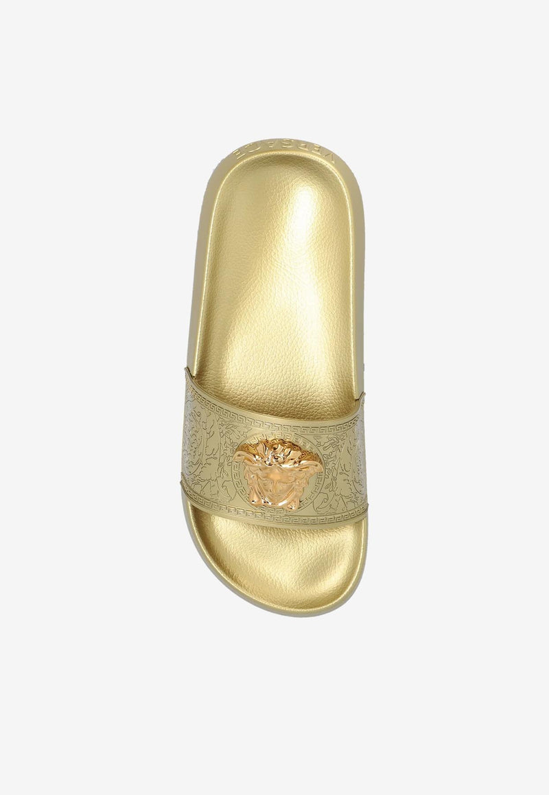 Versace La Medusa Metallic Rubber Slides Gold 1009461 1A08187 1X00V