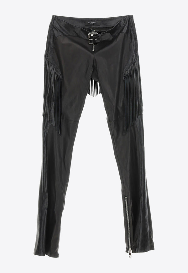 Versace Fringed Flared Leather Pants Black 1009506_1A06900_1B000