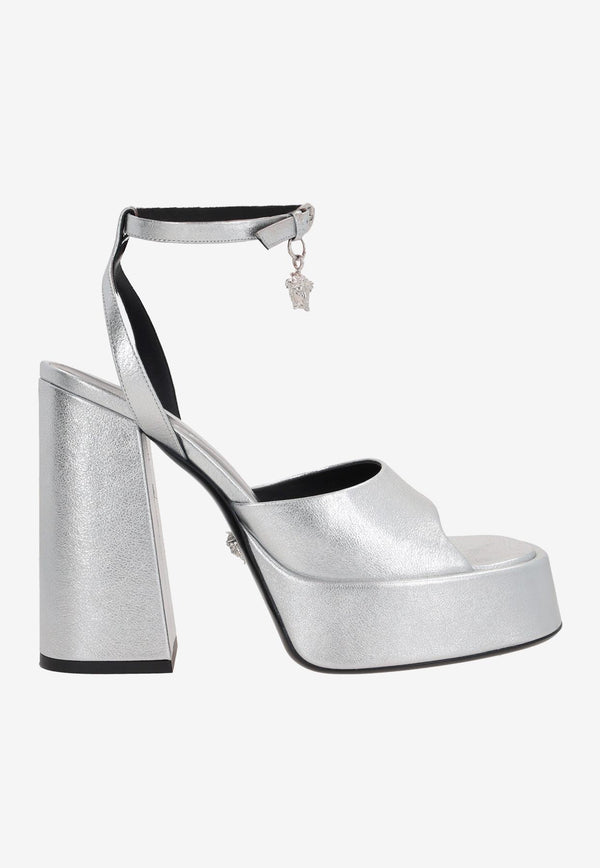Versace Medusa Aevitas 120 Platform Sandals in Laminated Leather Silver 1010178 1A08164 1E01P