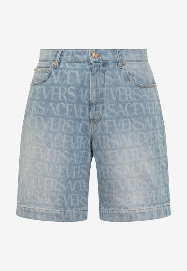 Versace All-Over Logo Denim Shorts Blue 1010205 1A07661 1D380