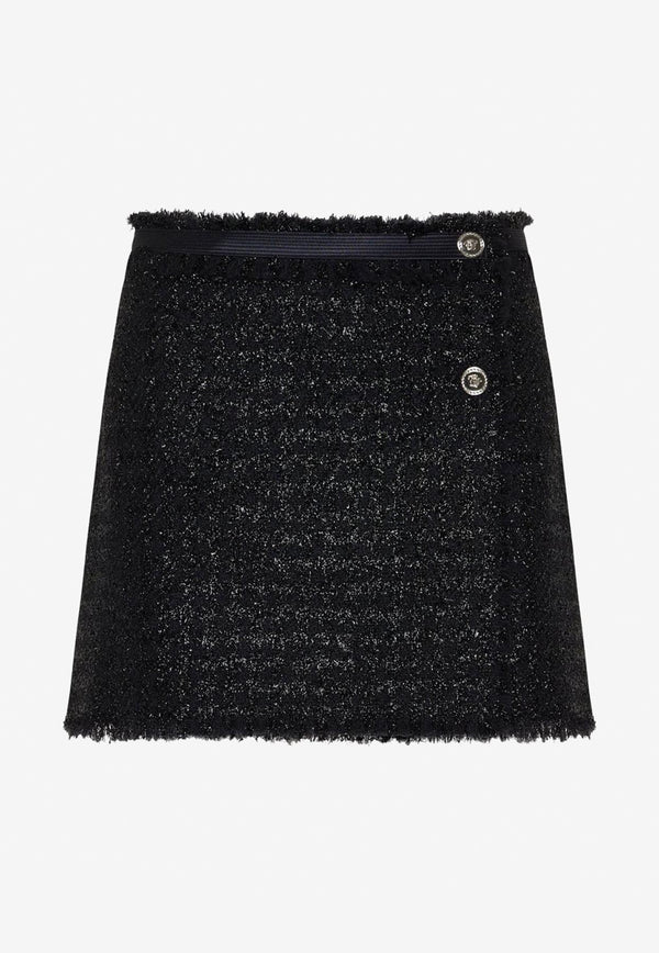 Versace Frayed Tweed Wrap Mini Skirt Black 1010915 1A06545 1B000