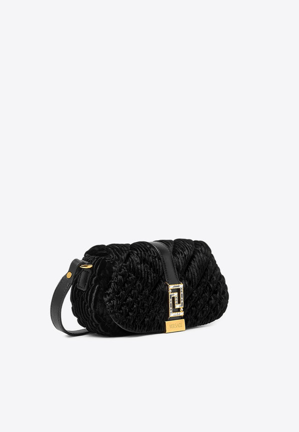Versace Mini Greca Goddess Crystal-Embellished Shoulder Bag in Velvet 1010951 1A09619 1B00V Black