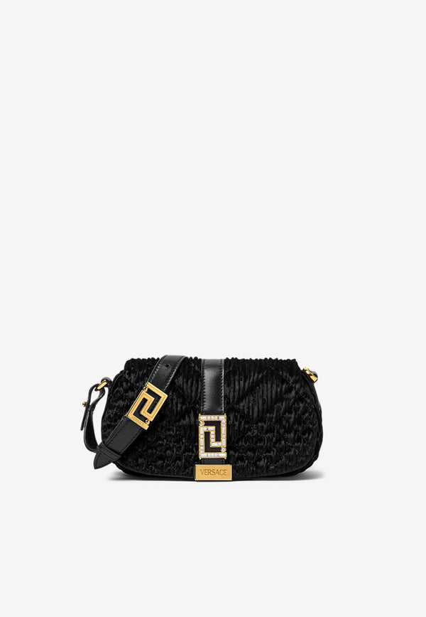 Versace Mini Greca Goddess Crystal-Embellished Shoulder Bag in Velvet 1010951 1A09619 1B00V Black