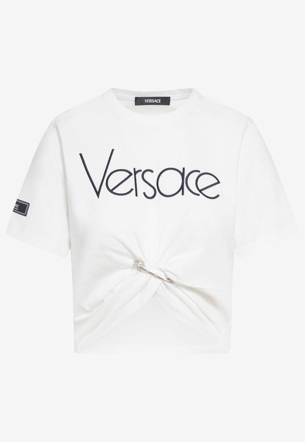 Versace Safety Pin Logo Cropped T-Shirt White 1011331 1A09120 2W020