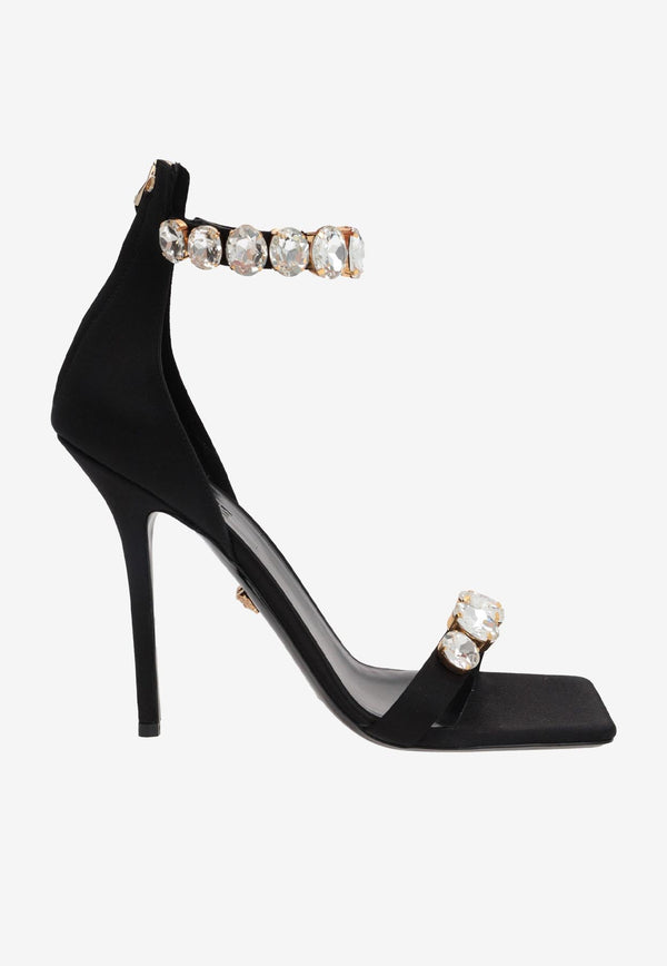 Versace 85 Crystal-Embellished Satin Sandals 1011403 1A04185 1B00V Black