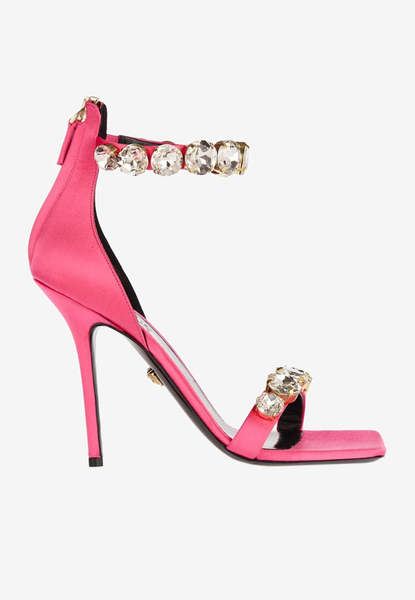 Versace 85 Crystal-Embellished Satin Sandals Pink 1011403 1A04185 1PO2V