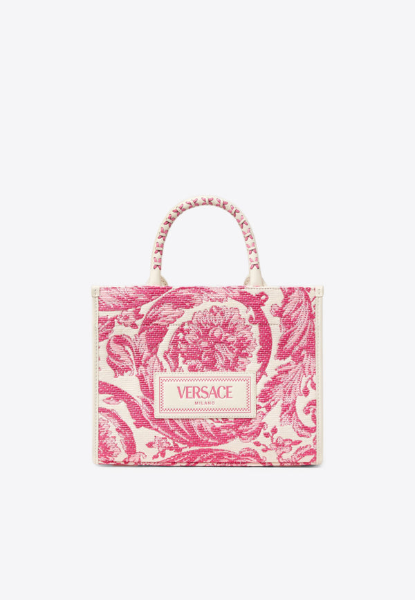 Versace Small Athena Barocco Raffia Tote Bag Pink 1011564 1A11311 6WG9V