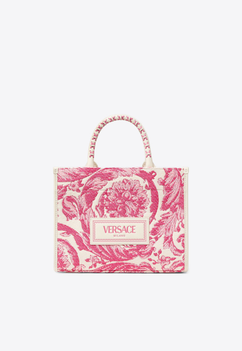Versace Small Athena Barocco Raffia Tote Bag Pink 1011564 1A11311 6WG9V