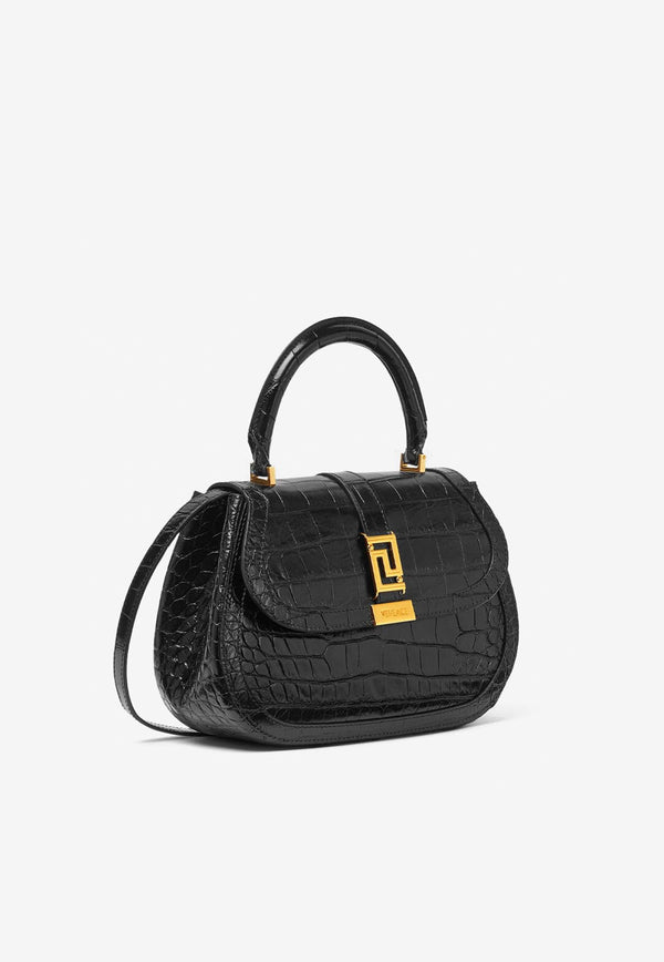 Versace Greca Goddess Top Handle Bag in Croc-Embossed Leather Black 1012105 1A08724 1B00V