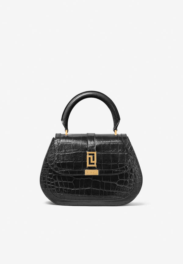 Versace Greca Goddess Top Handle Bag in Croc-Embossed Leather Black 1012105 1A08724 1B00V