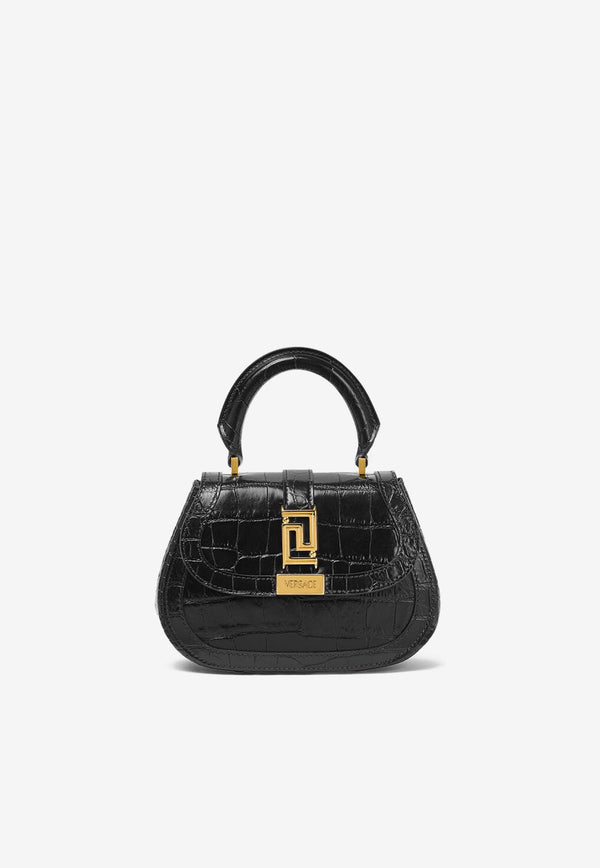 Versace Mini Greca Goddess Top Handle Bag in Croc-Embossed Leather Black 1012106 1A08724 1B00V