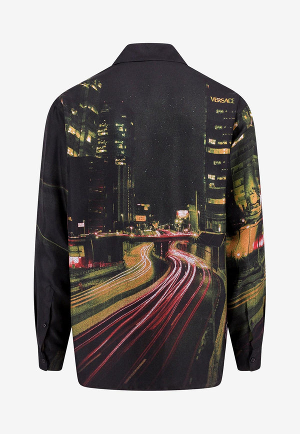 Versace City Lights Print Long-Sleeved Shirt Black 1012141 1A08750 5X000
