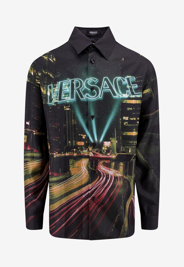Versace City Lights Print Long-Sleeved Shirt Black 1012141 1A08750 5X000