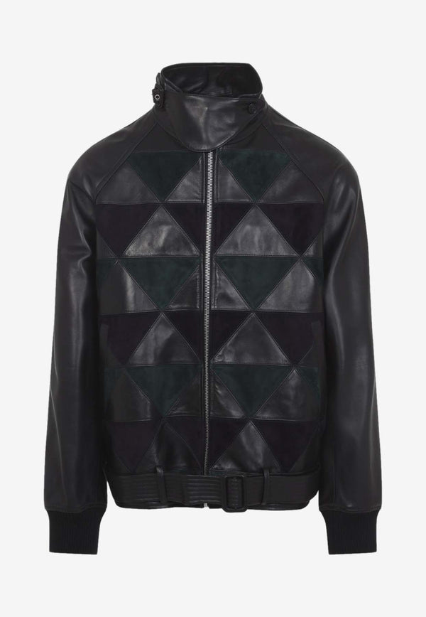 Geometric Jacquard Leather Bomber Jacket