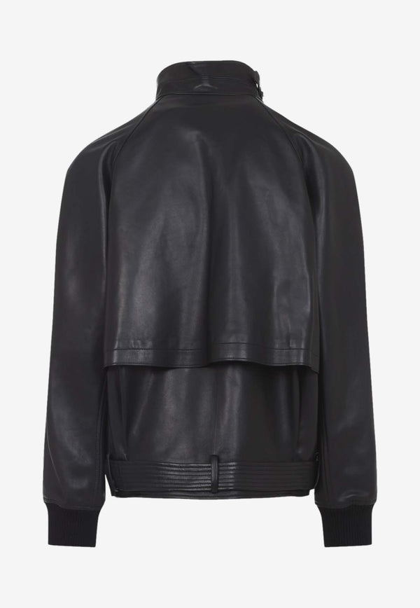 Geometric Jacquard Leather Bomber Jacket