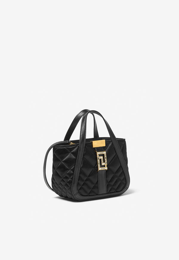 Versace Mini Greca Goddess Top Handle Bag in Quilted Satin Black 1012385 1A08808 1B00V