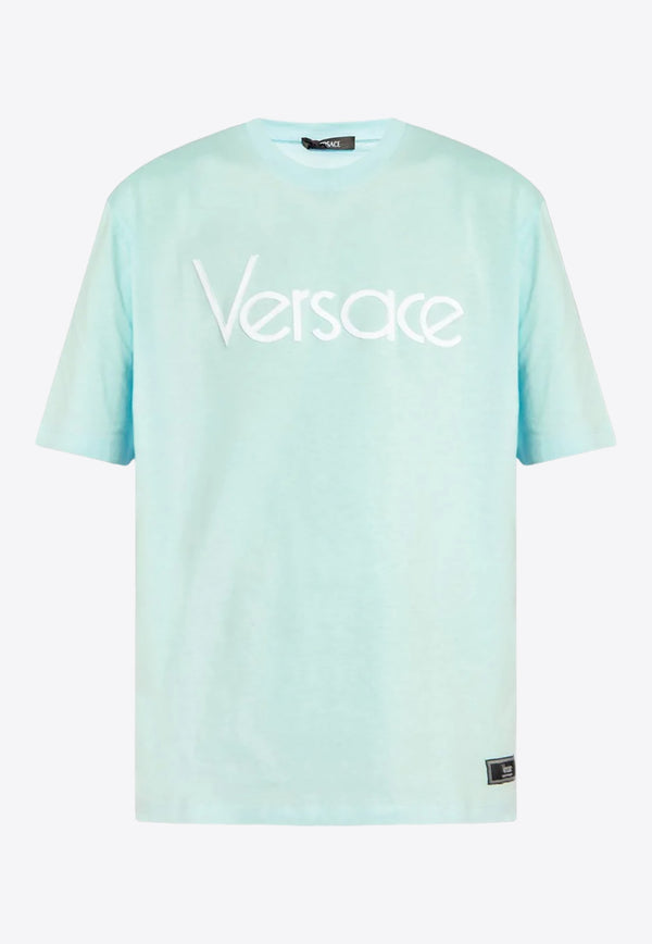 Versace Logo Embroidered Short-Sleeved T-shirt 1012545 1A09028 1VD50 Blue