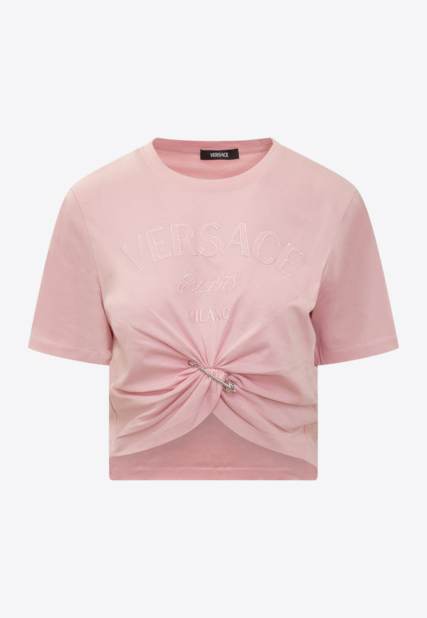 Versace Logo Embroidered Cropped T-shirt 1013606 1A10140 1PR20 Pink