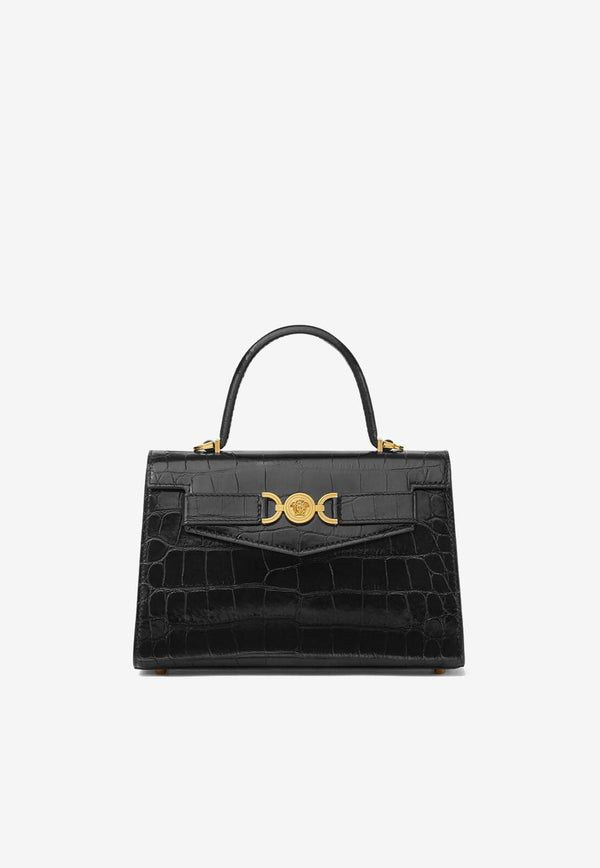 Versace Medium Medusa '95 Croc-Embossed Leather Top Handle Bag Black 1013823 1A08724 1B00V