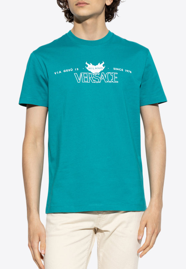 Versace Logo Print Crewneck T-shirt Blue 1013944 1A14377 1GO60