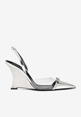 Versace Gianni Ribbon 95 Metallic Leather Wedge Pumps Silver 1016194 1A10007 2T08P