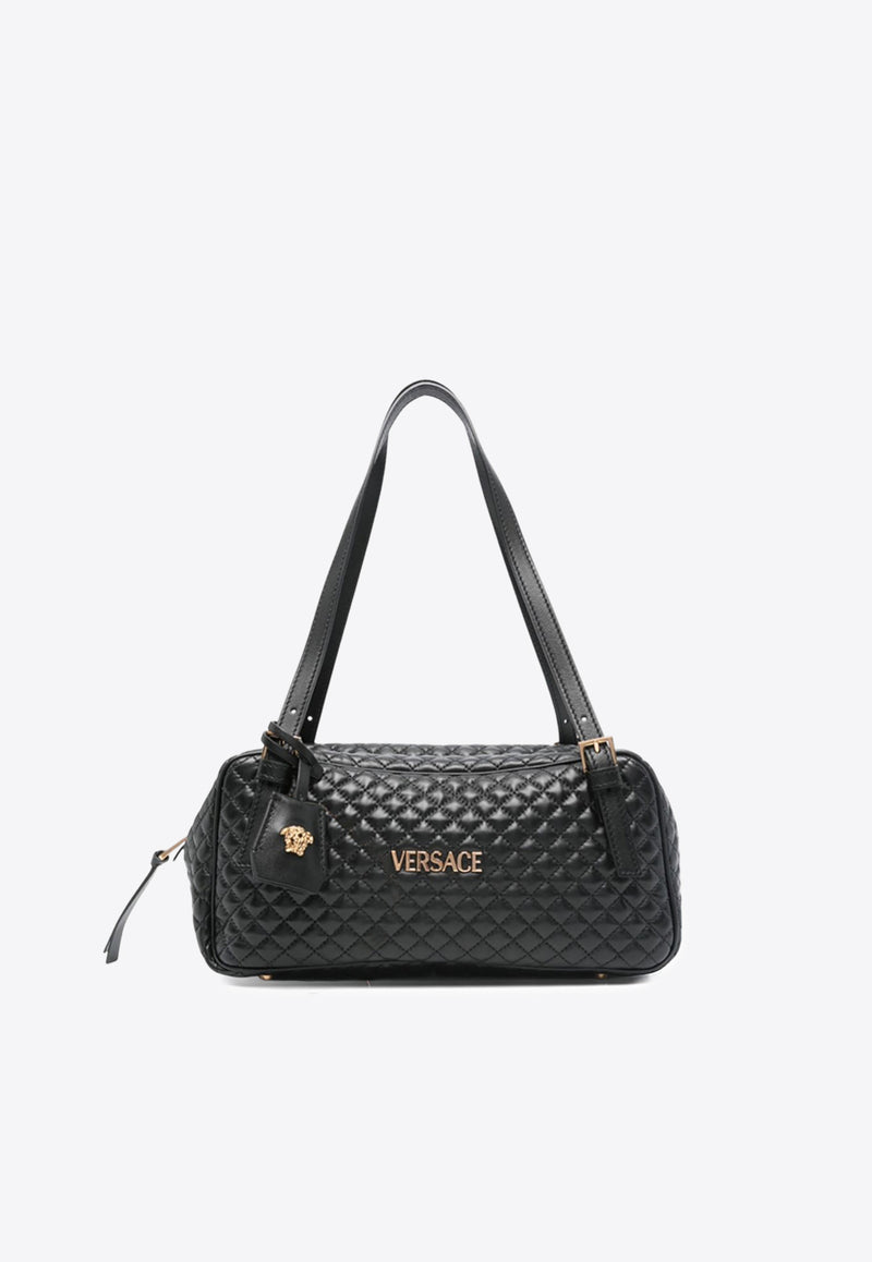 Versace Logo Tag Quilted Leather Shoulder Bag Black 1016428 1A14789 1B00V