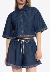 Denim Cropped Shirt with Fringes