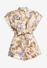 Floral Print Linen Cuffed Playsuit