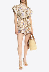 Floral Print Linen Cuffed Playsuit