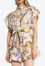 Floral Print Linen Cuffed Playsuit