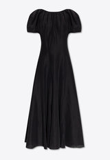 Balloon-Sleeved Midi Linen Dress
